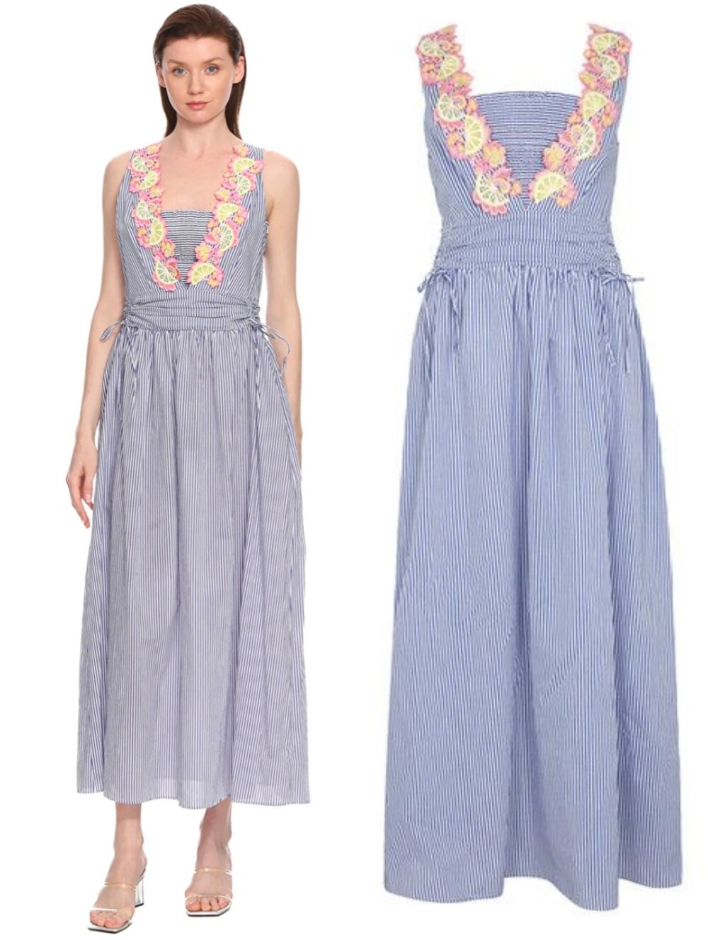 NWT MOSCHINO Blue Striped Lemon Slices Applique Poplin Midi Dress